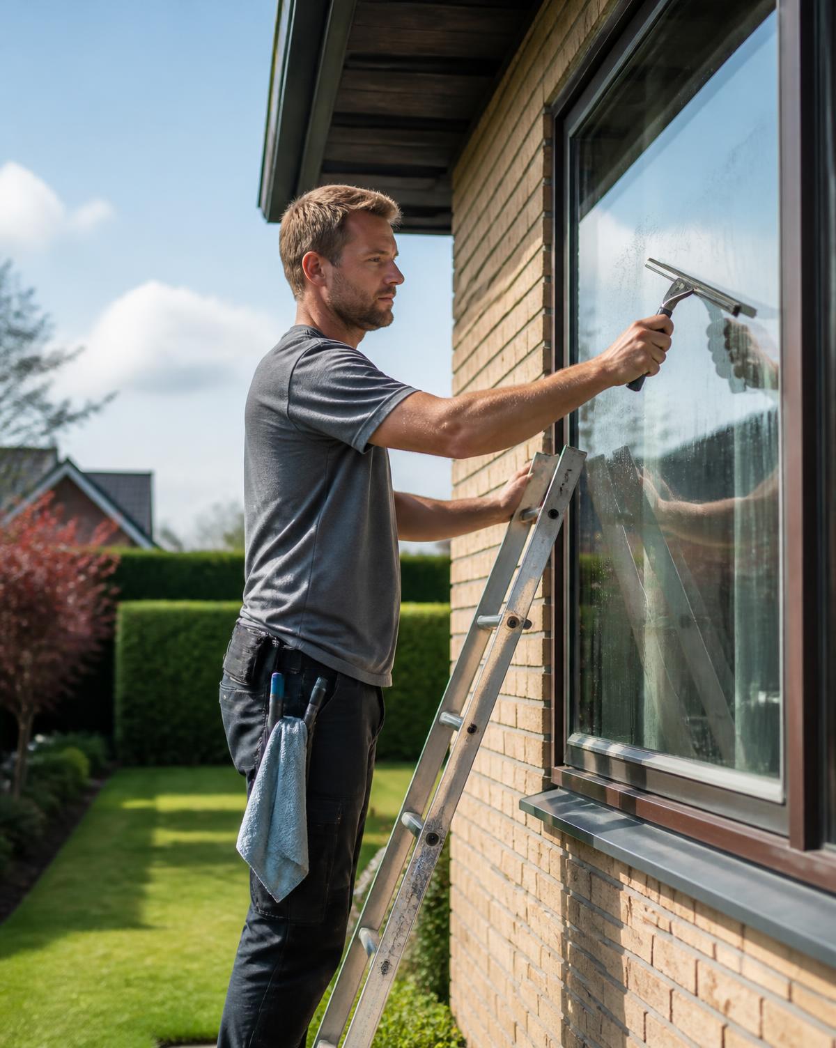 Vinduespudser i arbejde ved privat bolig